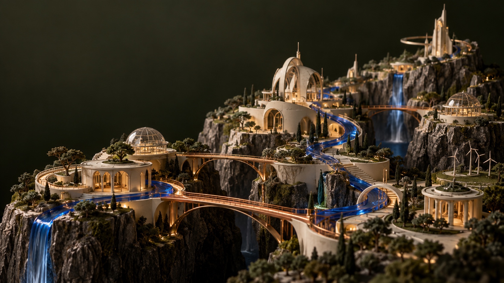 An intricate architectural world of ivory pavilions connected by bridges and a flowing blue glass ribbon.