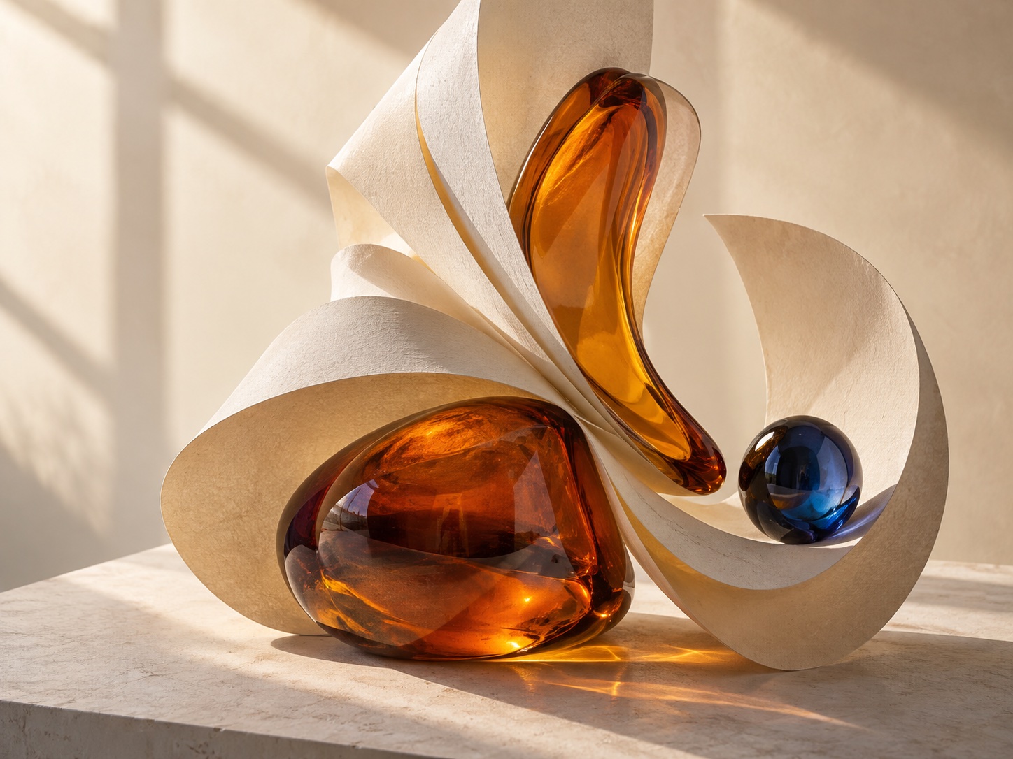 Ivory paper, amber glass, and cobalt sculptural forms, representing a creative idea taking shape.