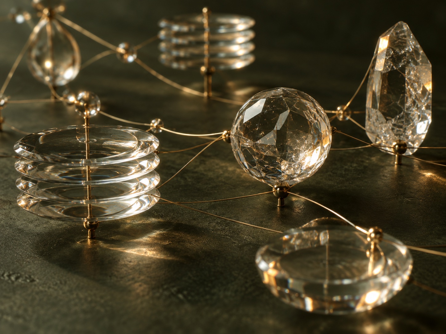 Optical glass and fine golden connections, representing knowledge becoming useful.